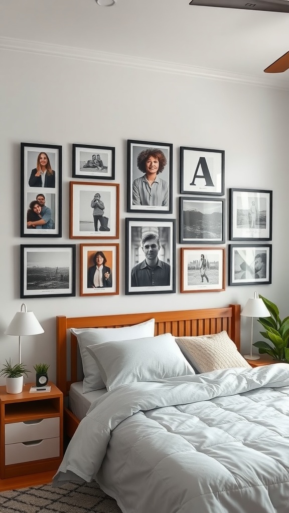 A personalized wall gallery featuring framed photographs in a teenager's bedroom.