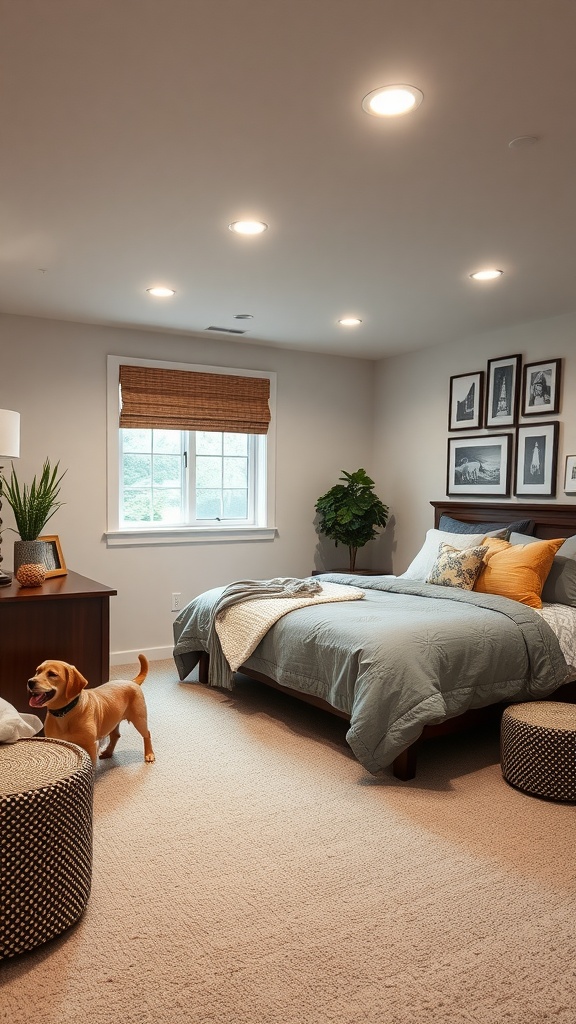 Cozy farmhouse basement bedroom with a dog and pet-friendly features.