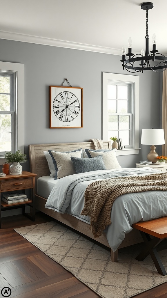 A cozy farmhouse bedroom featuring pewter walls, a comfortable bed, and rustic decor.