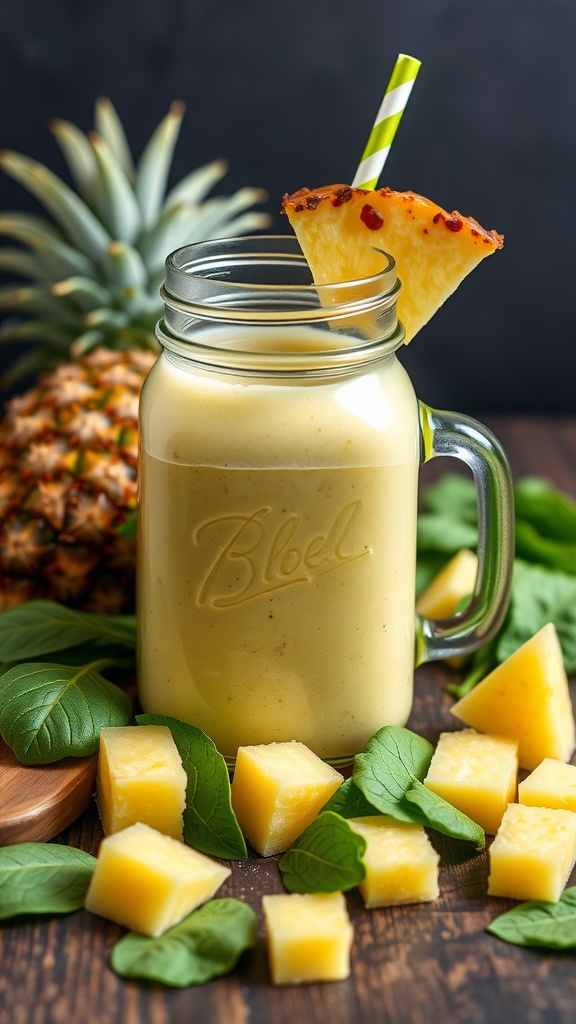 A healthy and refreshing Pineapple Spinach Detox Smoothie in a jar with a pineapple slice and a green straw.