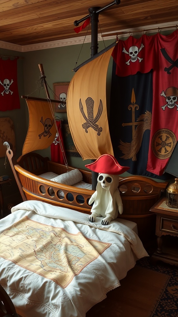 Pirate ship bed design with sails, pirate flags, and playful decor.