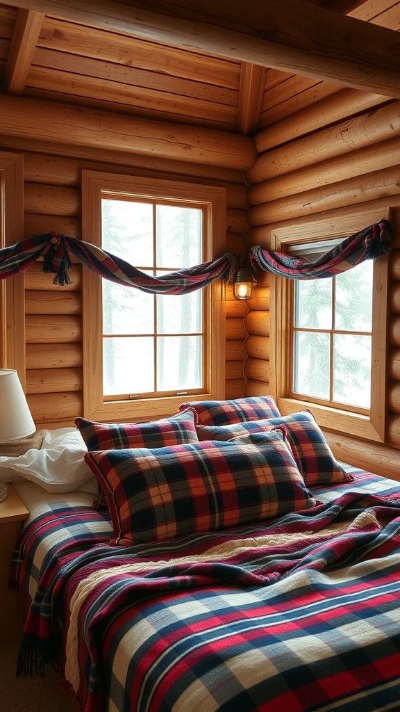 A rustic cabin bedroom featuring plaid bedding and window accents.