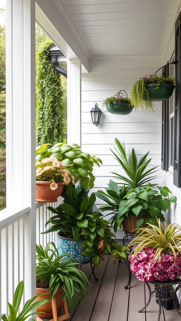 A cozy back porch filled with various plants in different pots, creating a vibrant and natural atmosphere.