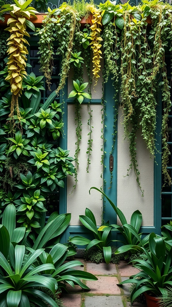 A vibrant vertical garden with a blue door, featuring cascading plants in various shades of green and yellow.