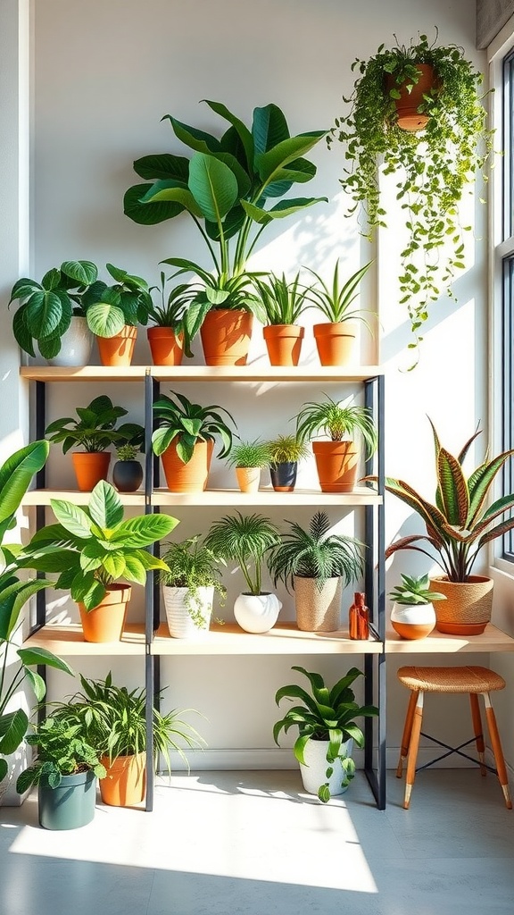 A stylish plant shelf filled with various indoor plants in terracotta pots, with a sunny backdrop.