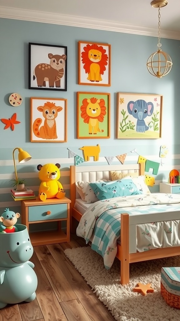 Colorful animal wall art in a playful boy's bedroom