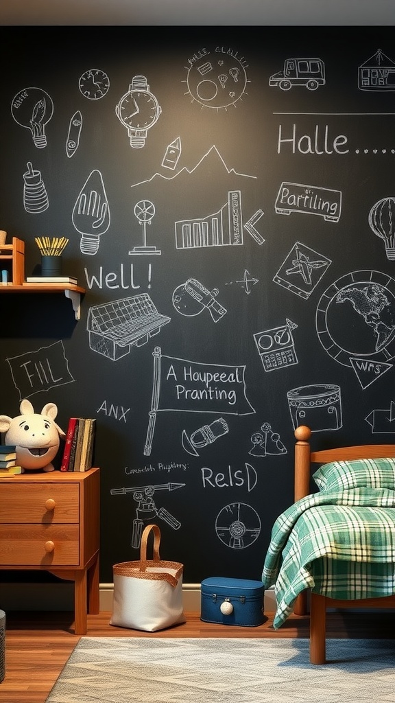 A boys bedroom featuring a playful chalkboard wall filled with sketches, a cozy bed, and wooden furniture.