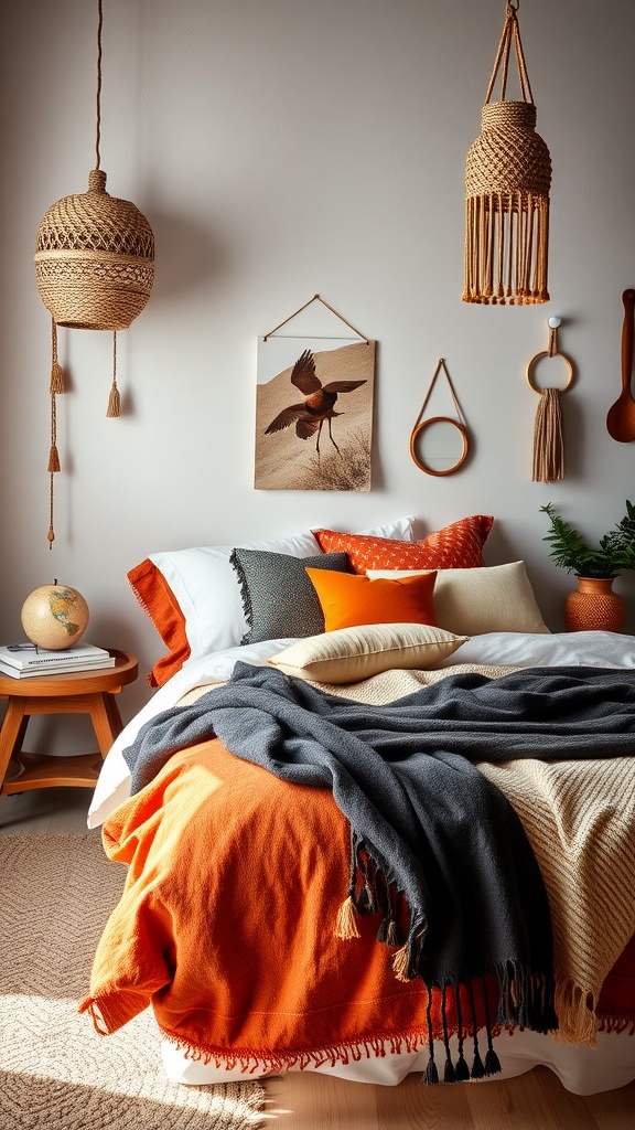 A cozy boho eclectic bedroom featuring vibrant orange and gray blankets, textured pillows, and natural hanging light fixtures.