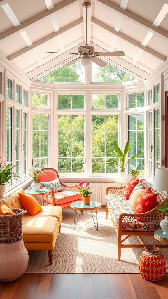 A sunroom with vibrant orange and coral furniture, large windows, and indoor plants, creating a cheerful atmosphere.