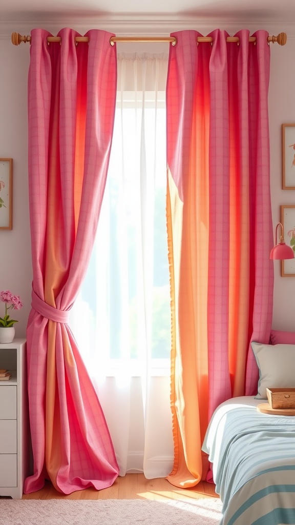 Colorful pink and orange curtains in a bright girls bedroom