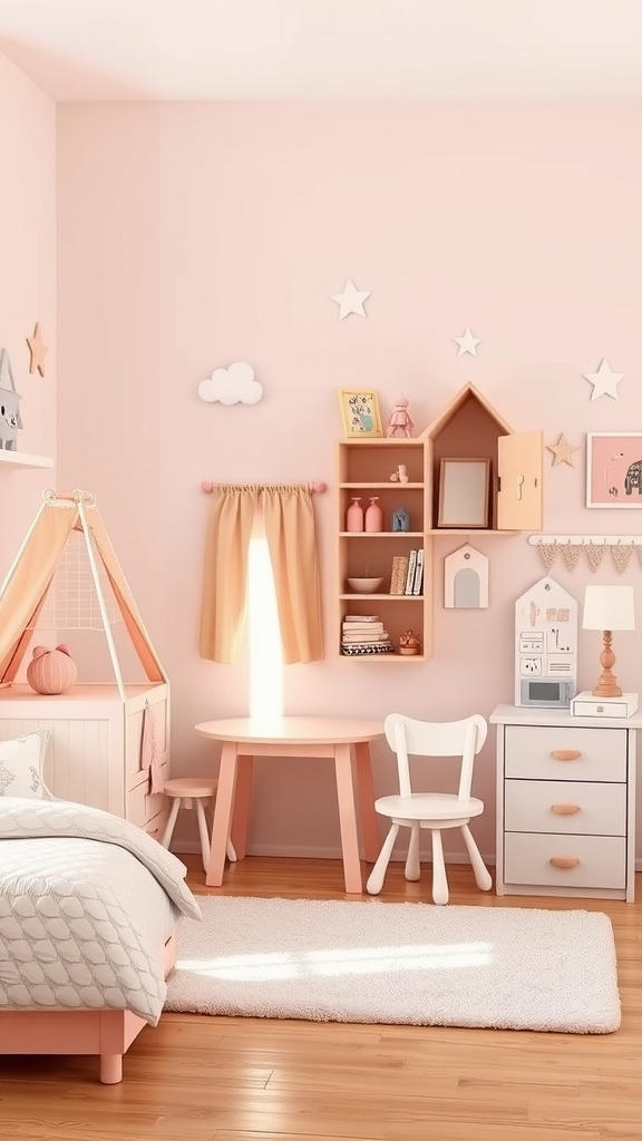 A cozy girls bedroom with playful furniture arrangement, featuring a pink color palette and whimsical decor.