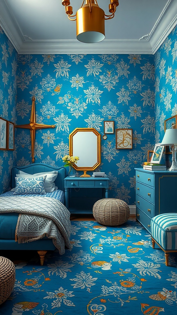 A vibrant blue bedroom featuring playful floral patterns on the walls and floor, accented with gold decor and a mix of textures.