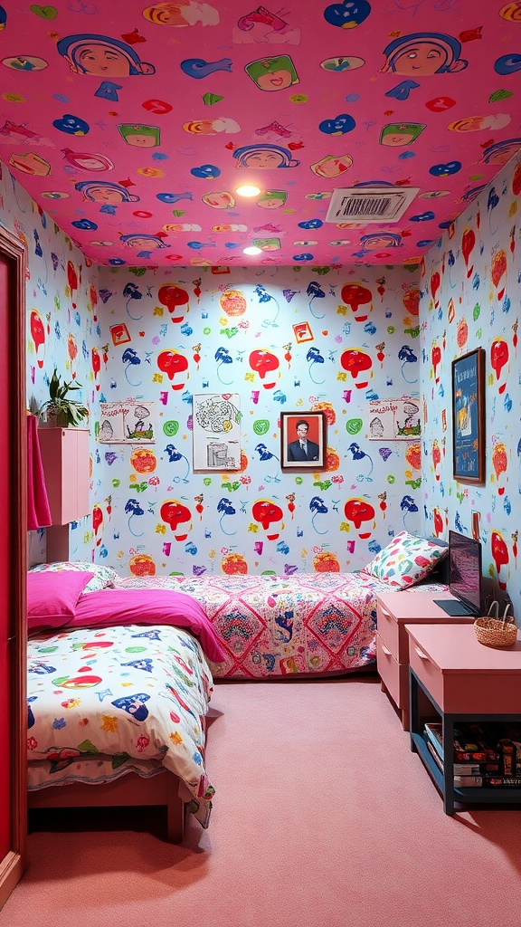 A colorful farmhouse basement bedroom with playful patterns on the walls and ceiling, featuring two beds dressed in vibrant bedding.