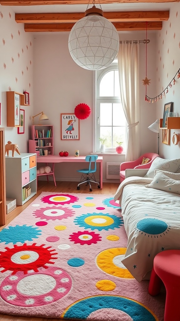 A colorful rug with playful patterns in a girls' bedroom