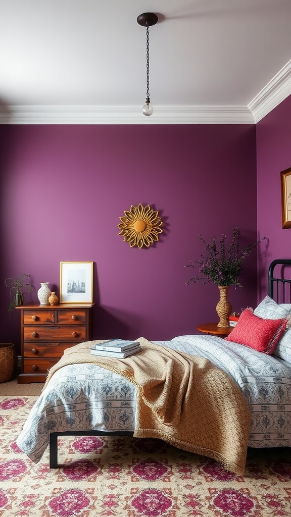 Bedroom with plum purple accent wall, vintage decor, and cozy textiles.