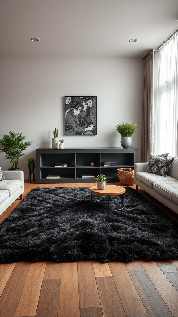 A cozy dark living room featuring a plush black rug, light sofas, and wooden flooring.