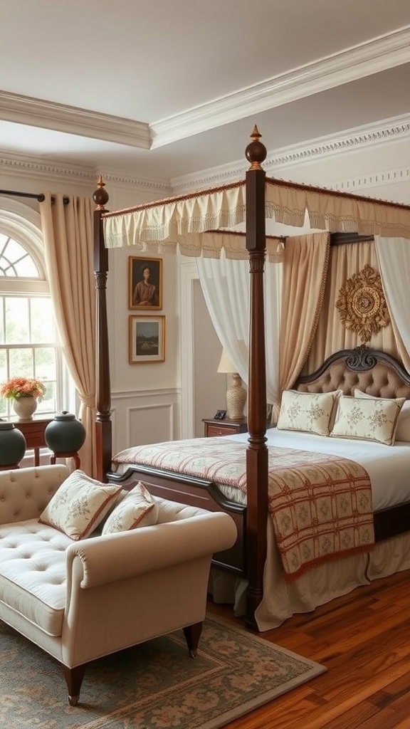 Cozy plush seating in a bohemian bedroom with a canopy bed