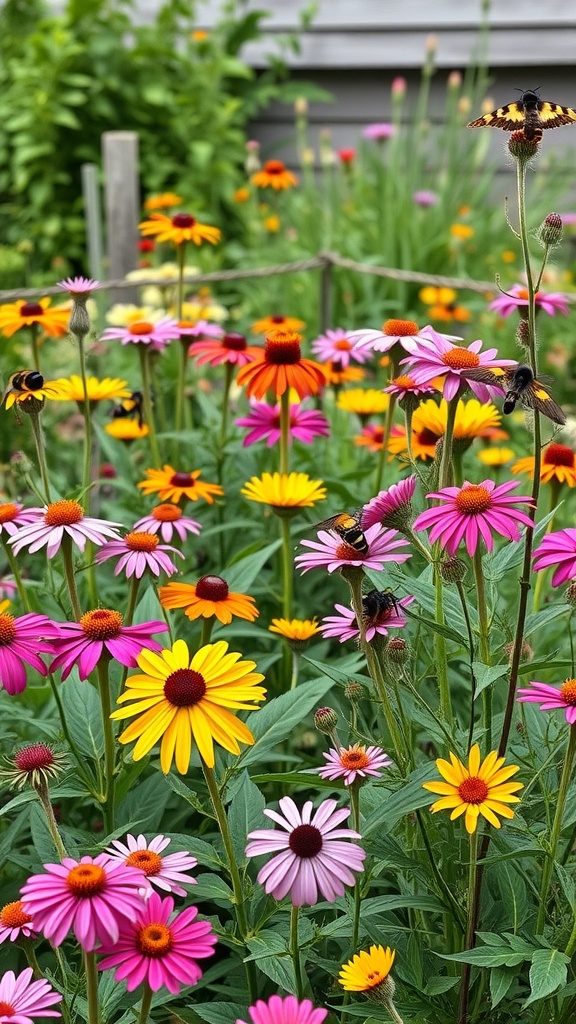 A colorful garden filled with various flowers, including echinacea and rudbeckia, attracting bees and butterflies.