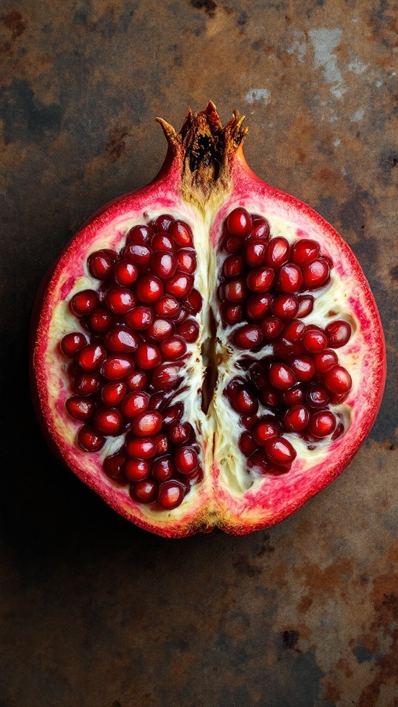 A vibrant pomegranate cut in half, revealing its juicy red seeds against a rustic background.