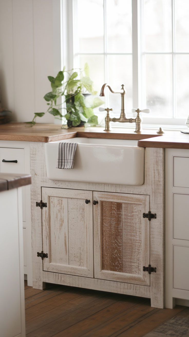 A rustic porcelain sink cabinet with wooden countertop and plants