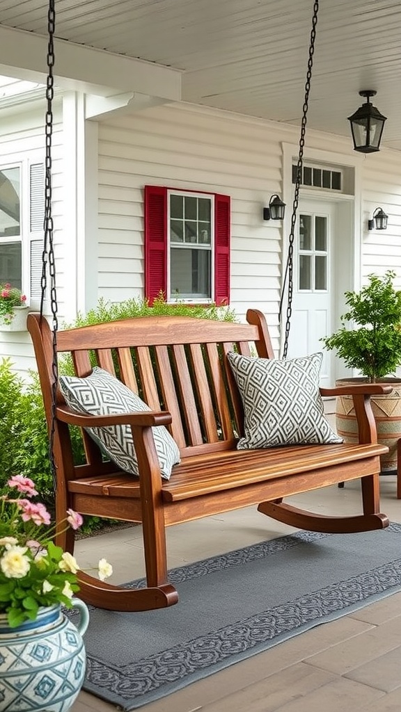 A wooden porch swing with patterned cushions on a farmhouse back porch, surrounded by plants and a decorative rug.