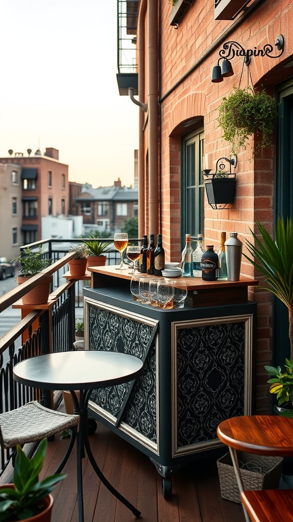 A cozy balcony featuring a portable bar with drinks and seating.
