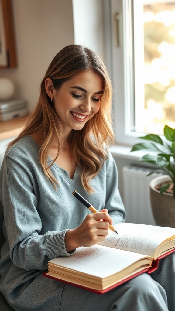 A woman writing in a journal by the window, smiling and enjoying the moment.