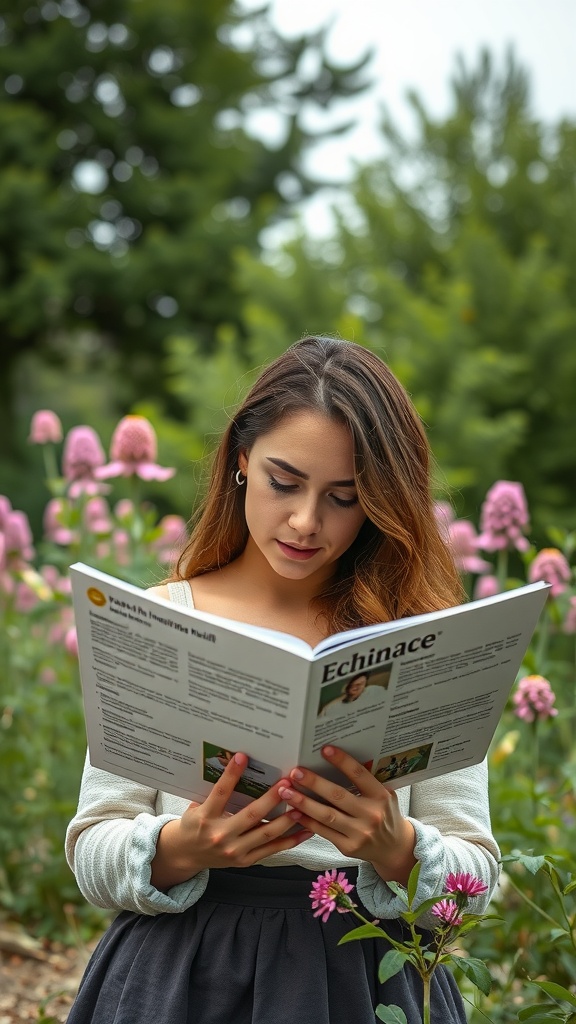 A woman reading about Echinacea in a garden of flowers, emphasizing the natural benefits and precautions.