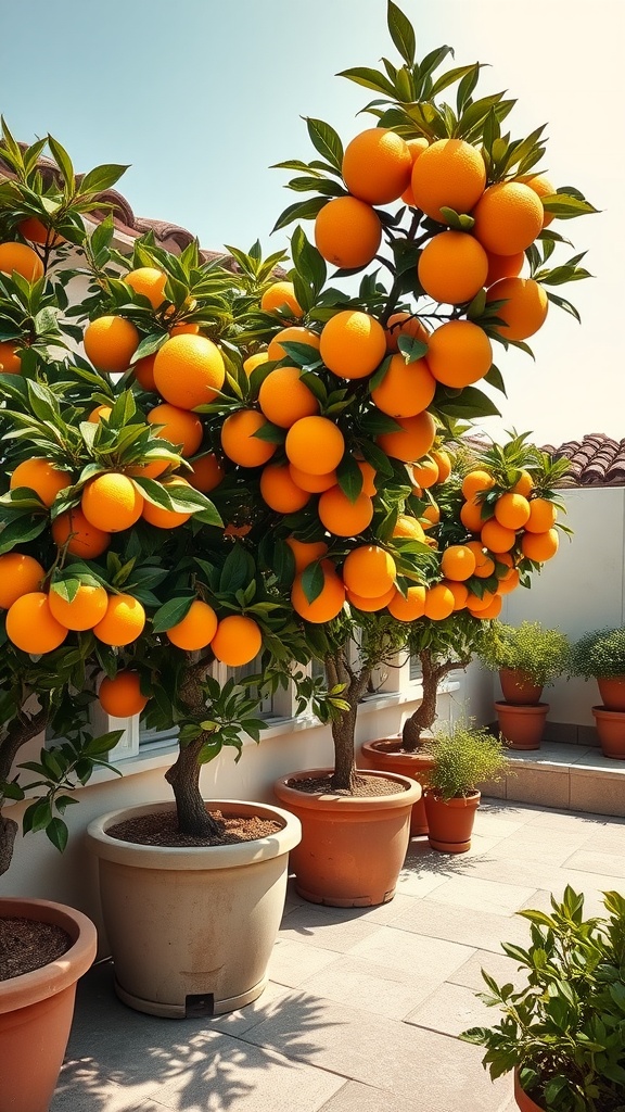 Potted citrus trees laden with oranges in a sunny outdoor setting.