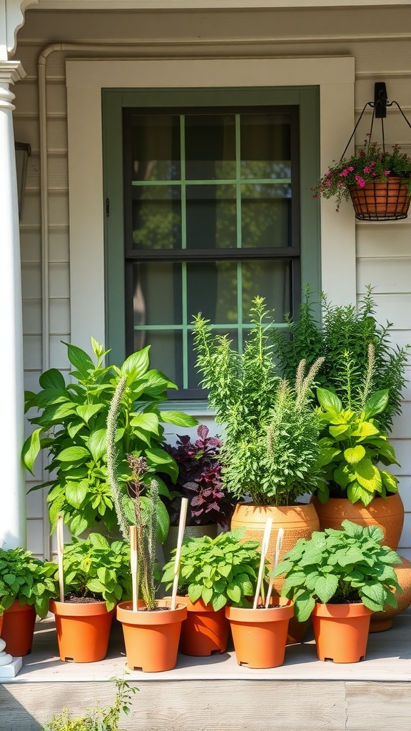 A collection of potted herbs arranged on a farmhouse back porch, showcasing vibrant green plants ready for culinary use.
