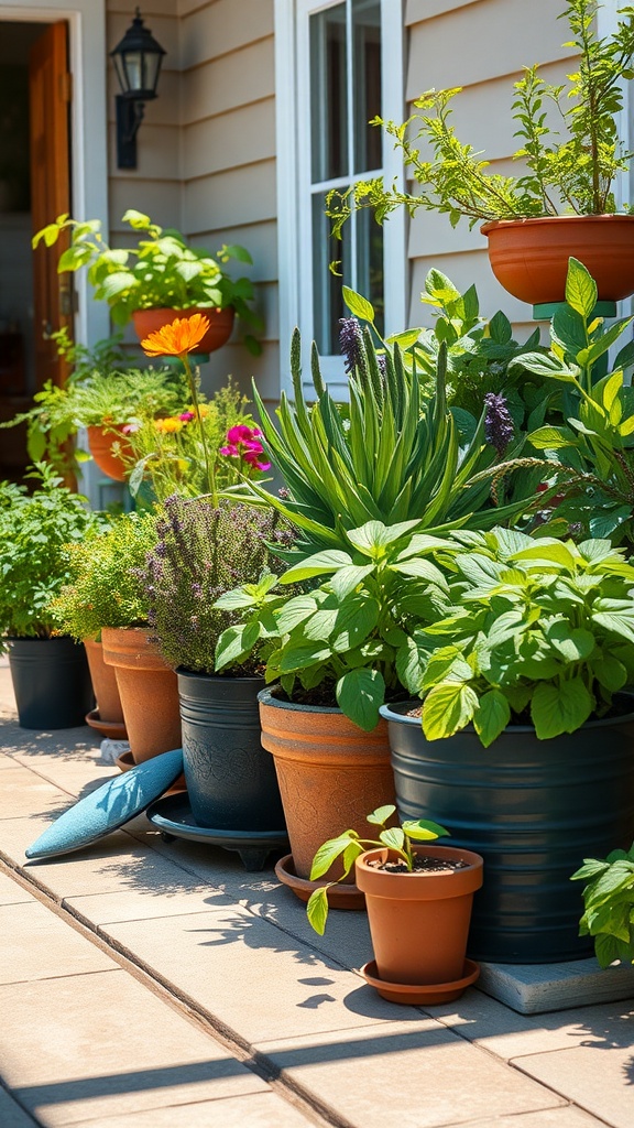 A variety of potted herbs and colorful flowers on a farmhouse patio.