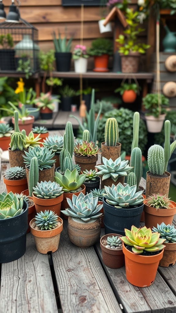 An assortment of potted succulents in various pots, showcasing a range of colors and sizes on a wooden table.