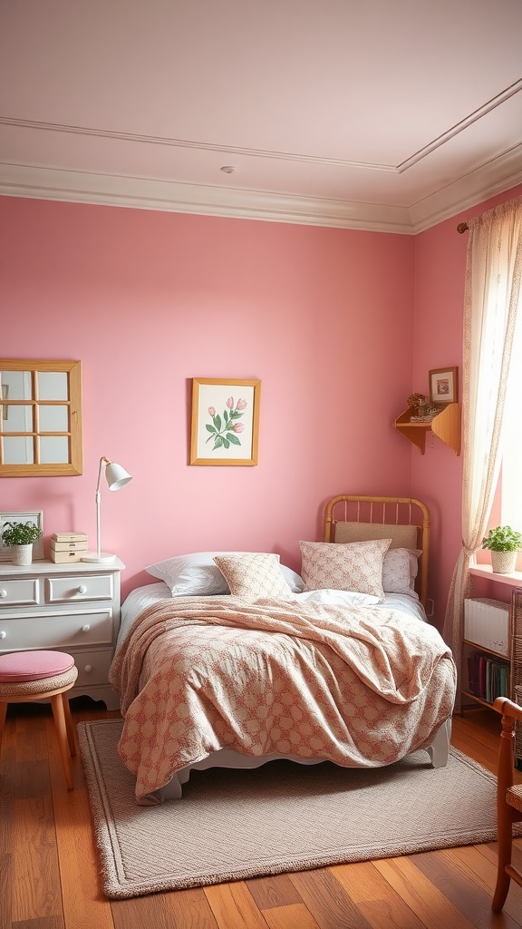 Cozy bedroom with a powder pink accent wall, vintage decor, and wooden furniture