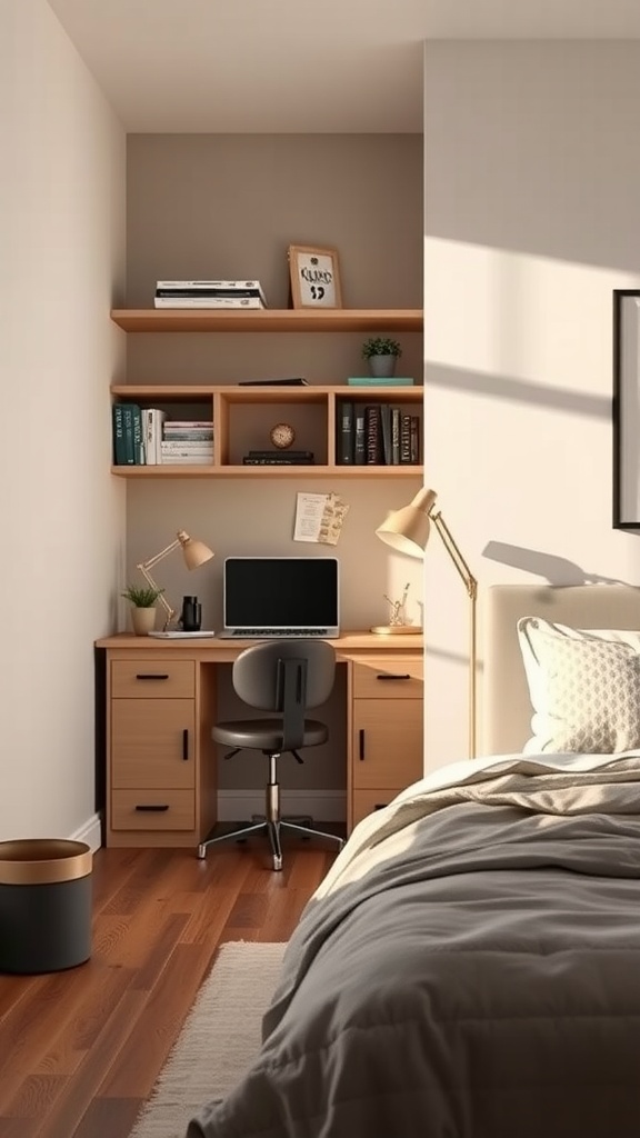 A cozy workspace nook in a modern farmhouse bedroom featuring a desk, chair, and shelves.