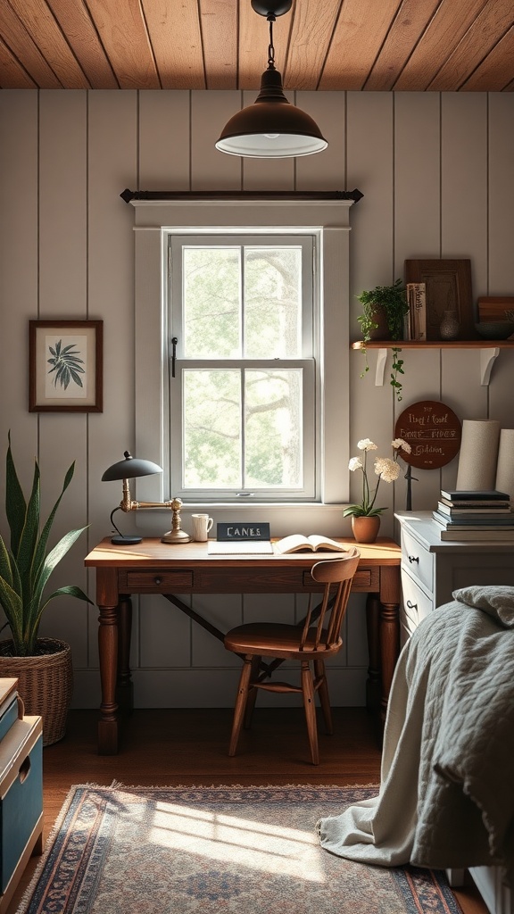 A cozy desk space in a farmhouse chic bedroom with a wooden desk, chair, and plants