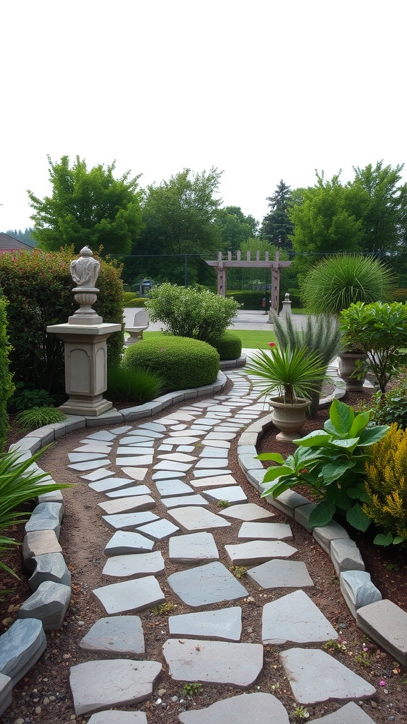 A winding garden path made of light-colored stones bordered by lush greenery and decorative planters.