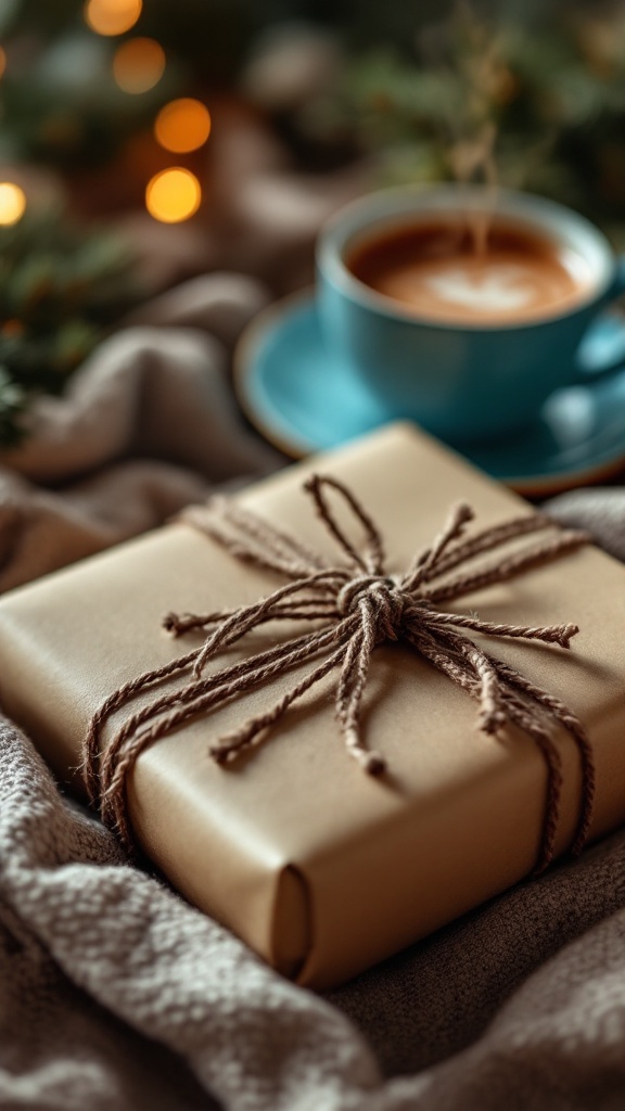 A beautifully wrapped gift in kraft paper tied with yarn, surrounded by a cozy setting with a cup of coffee.