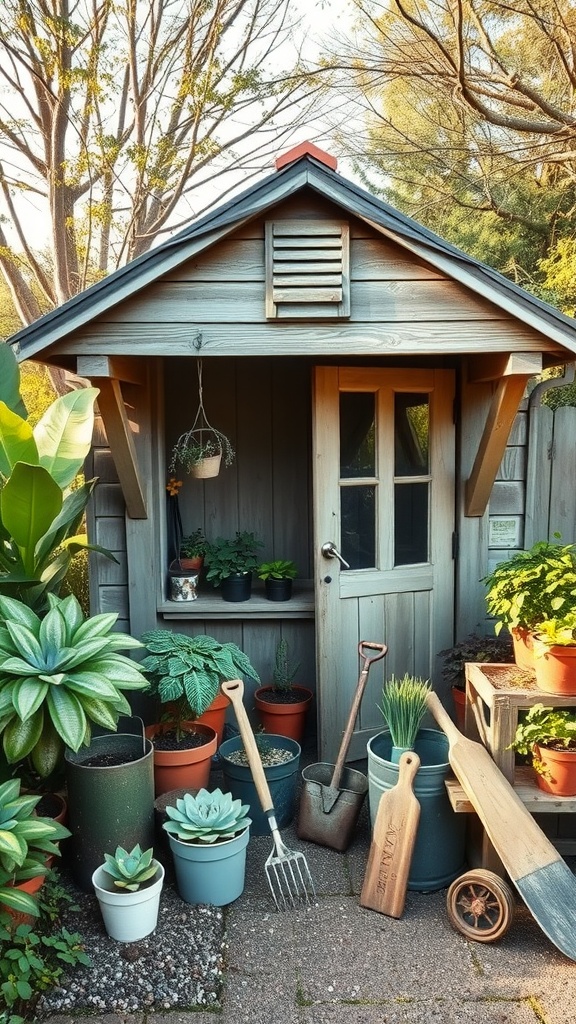 A quaint potting shed surrounded by various potted plants and gardening tools.