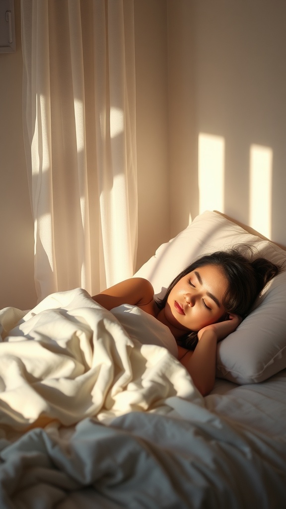 A woman sleeping peacefully in soft sunlight with light curtains.
