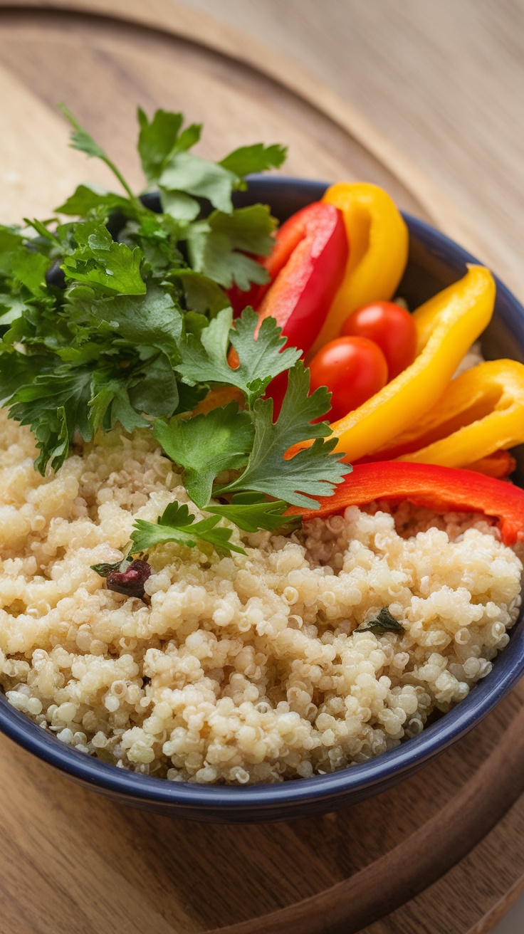A bowl of quinoa mixed with fresh vegetables and cheese