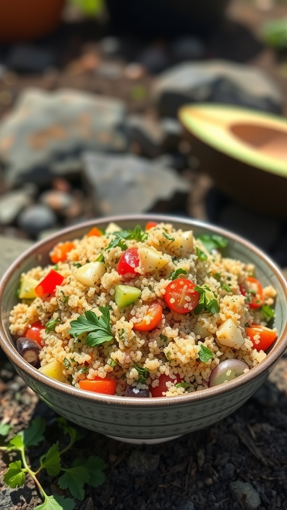 A colorful quinoa salad with fresh vegetables in a bowl.