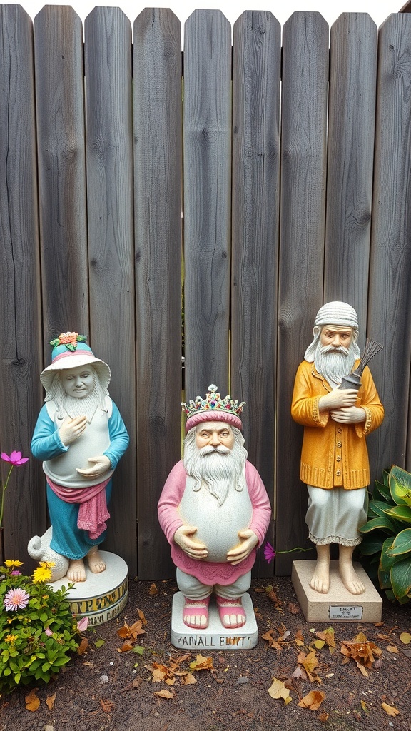 Three colorful quirky garden statues standing in front of a wooden fence