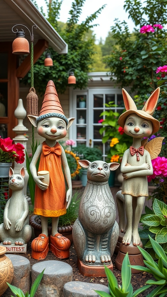 A variety of whimsical garden statues featuring animals and playful characters in a colorful garden setting.