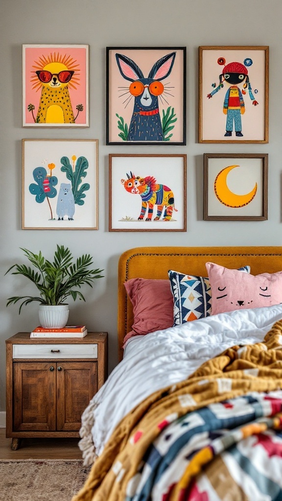 A cozy bedroom with quirky wall art featuring playful animal illustrations and bold typography.