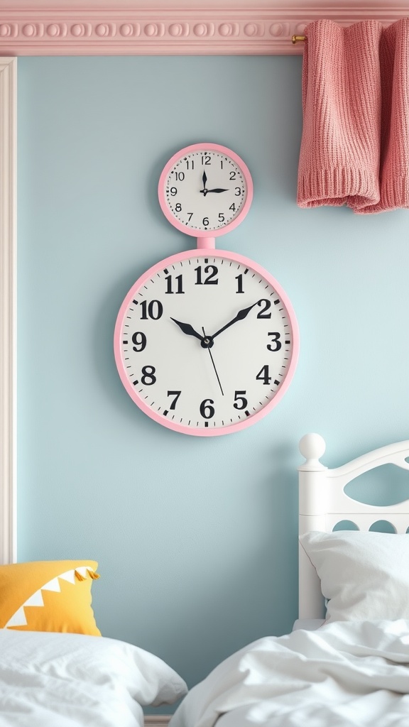 A playful pink wall clock setup with a large clock and a smaller clock above it, set against a light blue wall in a cozy bedroom.