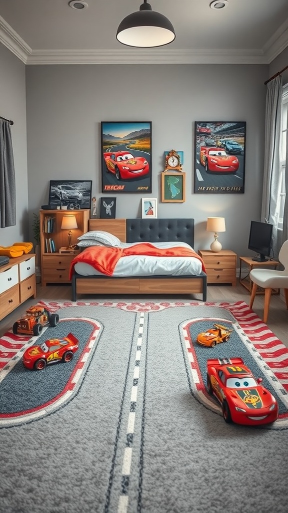 A boys bedroom with a race track carpet and toy cars, featuring car-themed decor.
