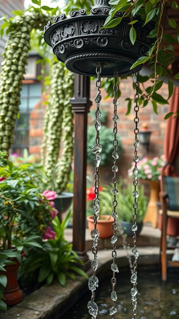 A decorative rain chain in a garden setting with lush plants and flowers.