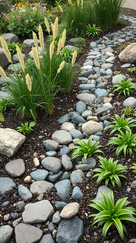 A rain garden featuring smooth stones and lush green plants, designed for effective water management.