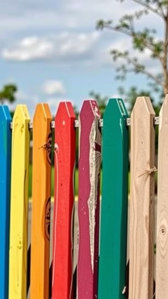 A colorful wooden fence with rainbow colored pickets in various shades.