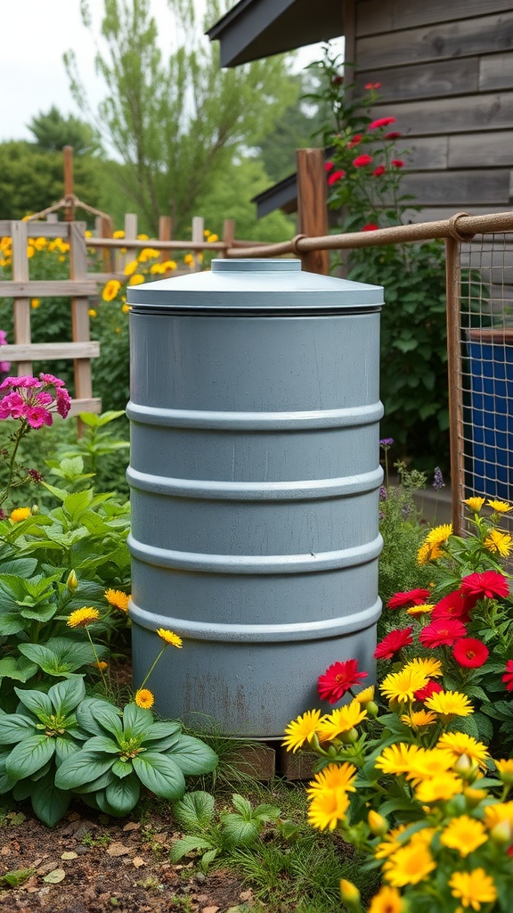 A rain barrel surrounded by colorful flowers in a farmhouse garden.